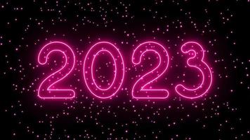 text 2023 animation and flying Christmas balls isolated on black background, 2023 new year, design template Happy 2023 New Year concept Holiday animate card video