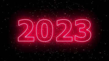 text 2023 animation and flying Christmas balls isolated on black background, 2023 new year, design template Happy 2023 New Year concept Holiday animate card video