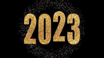 text 2023 animation and flying Christmas balls isolated on black background, 2023 new year, design template Happy 2023 New Year concept Holiday animate card video