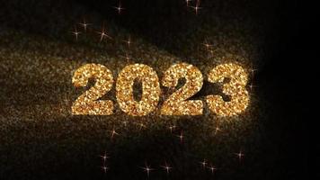 text 2023 animation and flying Christmas balls isolated on black background, 2023 new year, design template Happy 2023 New Year concept Holiday animate card video