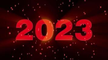 text 2023 animation and flying Christmas balls isolated on black background, 2023 new year, design template Happy 2023 New Year concept Holiday animate card video