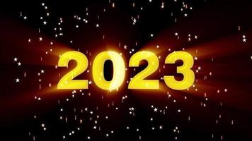 text 2023 animation and flying Christmas balls isolated on black background, 2023 new year, design template Happy 2023 New Year concept Holiday animate card video