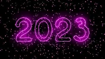 texte 2023 animation et boules de noël volantes isolées sur fond noir, 2023 nouvel an, modèle de conception joyeux 2023 nouvel an concept vacances animer carte video