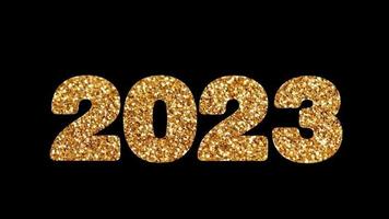 texto 2023 animación dorada con estrellas brillantes, luz aislada en fondo negro, año nuevo 2023, plantilla de diseño feliz 2023 concepto de año nuevo tarjeta animada de vacaciones video