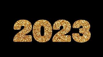 text 2023 guld animering med stjärnor gnistra, ljus isolerat på svart bakgrund, 2023 ny år, design mall Lycklig 2023 ny år begrepp Semester animera kort video