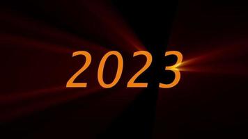 texte 2023 animation et boules de noël volantes isolées sur fond noir, 2023 nouvel an, modèle de conception joyeux 2023 nouvel an concept vacances animer carte video