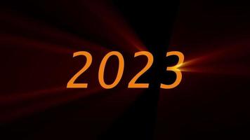 text 2023 animation and flying Christmas balls isolated on black background, 2023 new year, design template Happy 2023 New Year concept Holiday animate card video