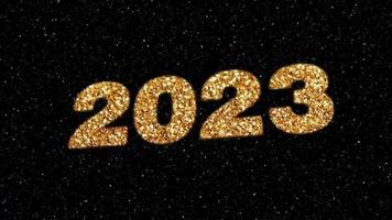 Text 2023 gold animation with stars sparkle, light Isolated on black background, 2023 new year, design template Happy 2023 New Year concept Holiday animate card video