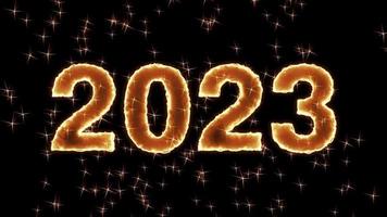 Text 2023 gold animation with stars sparkle, light Isolated on black background, 2023 new year, design template Happy 2023 New Year concept Holiday animate card video