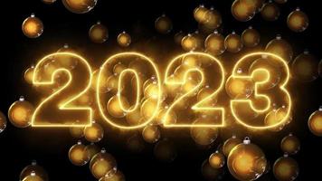 Golden text 2023 animation and flying Christmas balls isolated on black background, 2023 new year, design template Happy 2023 New Year concept Holiday animate card video