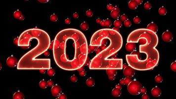 text 2023 animation and flying Christmas balls isolated on black background, 2023 new year, design template Happy 2023 New Year concept Holiday animate card video
