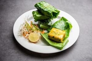 patrani paneer, a paneer marinated in sauce and barbecued and then covered in leaf photo