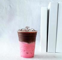 Product Cold drink menu of smoothly mixed cocoa chocolate Strawberry drinks in a plastic glass. photo