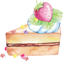 skiva av kaka med jordgubb och godis i vattenfärg png