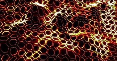 A looped abstract grid of waves of hexagons from stripes and lines of bright yellow fiery beautiful magical energy glowing with fire. Abstract background. Screensaver, video in high quality 4k