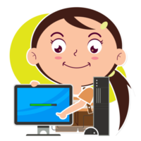 girl playing computer cartoon cute png