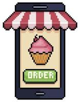 Pixel art mobile phone ordering cupcake in food app vector icon for 8bit game on white background