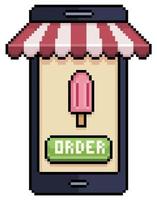 Pixel art mobile phone ordering popsicle in food app vector icon for 8bit game on white background