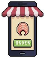 pixel art teléfono móvil ordenando filete de salmón en el icono de vector de aplicación de alimentos para juego de 8 bits sobre fondo blanco