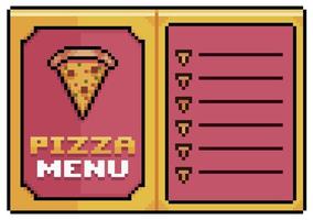 Pixel art pizza menu, open paper menu vector icon for 8bit game on white background