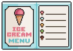 menú de helado de pixel art, icono de vector de menú de papel abierto para juego de 8 bits sobre fondo blanco