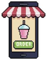 Pixel art mobile phone ordering milkshake in food app vector icon for 8bit game on white background