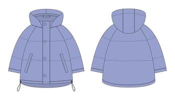 Ooversized raglan puffer winter down coat technical sketch. Cool blue color. Women's quilting jacket design template vector