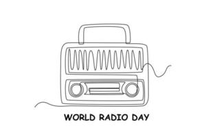 Single one line drawing retro style radio. World radio day concept. Continuous line draw design graphic vector illustration.