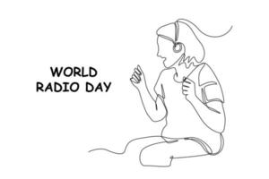 Single one line drawing happy young girl listening a radio with headphone. World radio day concept. Continuous line draw design graphic vector illustration.