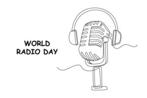 Single one line drawing Retro old microphone. World radio day concept. Continuous line draw design graphic vector illustration.