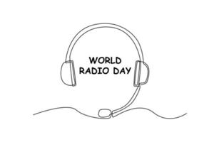 Single one line drawing  Headphones with microphone. World radio day concept. Continuous line draw design graphic vector illustration.