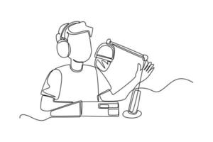 el locutor de radio de dibujo de una sola línea habla al micrófono en el aire. radiodifusión. concepto del día mundial de la radio. ilustración de vector gráfico de diseño de dibujo de línea continua.