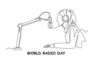 Single one line drawing Radio host speaks into the microphone on the air. Broadcasting. World radio day concept. Continuous line draw design graphic vector illustration.