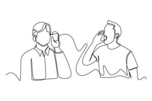 Continuous one line drawing Man shouting in tin can telephone. Communication concept. Single line draw design vector graphic illustration.