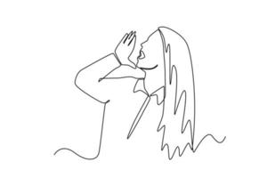 Continuous one line drawing business woman shouting and screaming loud to side with hand on mouth. Communication concept. Single line draw design vector graphic illustration.