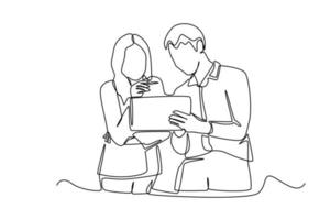 Continuous one line drawing businessman and woman discussing about sales on tab or analyze data for marketing plan. Communication concept. Single line draw design vector graphic illustration.