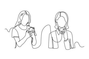 Continuous one line drawing business woman texting each other to her friend via smartphone. Communication concept. Single line draw design vector graphic illustration.