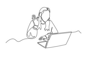 Continuous one line drawing business woman say hello by online in front of laptop. Communication concept. Single line draw design vector graphic illustration.