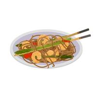 Buckwheat noodles with shrimp and green asparagus vector