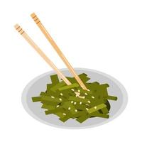 bamboo sticks in a plate with string beans with sesame seeds vector
