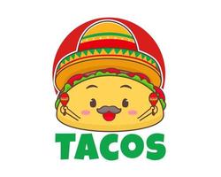 Cute tacos cartoon character. Mexican traditional street food. Fast food logo mascot illustration. Flat Cartoon Style. vector