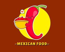 pimiento rojo sosteniendo un tazón de ilustración del logotipo de dibujos animados de salsa picante. concepto de comida arte vectorial. vector