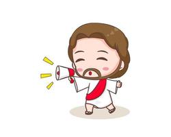 Cute Jesus Christ with megaphone cartoon character. Hand drawn Chibi character, clip art, sticker, isolated white background. Christian Bible for kids. Mascot logo icon vector art illustration
