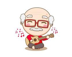 Cute old man playing guitar. Grandpa cartoon character. Chibi vector art illustration