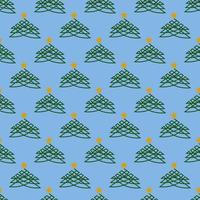 Seamless geometric pattern with green Christmas tree and golden star on blue background. New Year patter. Vector print for fabric background