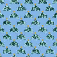 Seamless geometric pattern with green Christmas tree and golden star on blue background. New Year patter. Vector print for fabric background