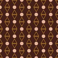 Seamless geometric pattern with golden triangles and light circles on dark red background in art deco style. Vector print for fabric background