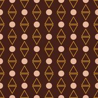 Seamless geometric pattern with golden triangles and light circles on dark red background in art deco style. Vector print for fabric background