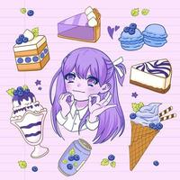 Set of blueberry dessert and kawaii anime girl character. Ice cream, cheese cake, soda, macarons, cake cartoon style vector illustration