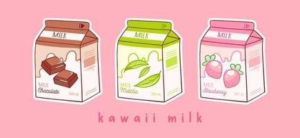 Set of three cartoons of milk. Three various tastes. Chocolate, matcha and strawberry. Asian product. Hand drawn colored trendy vector illustration. Kawaii anime design. Cartoon style